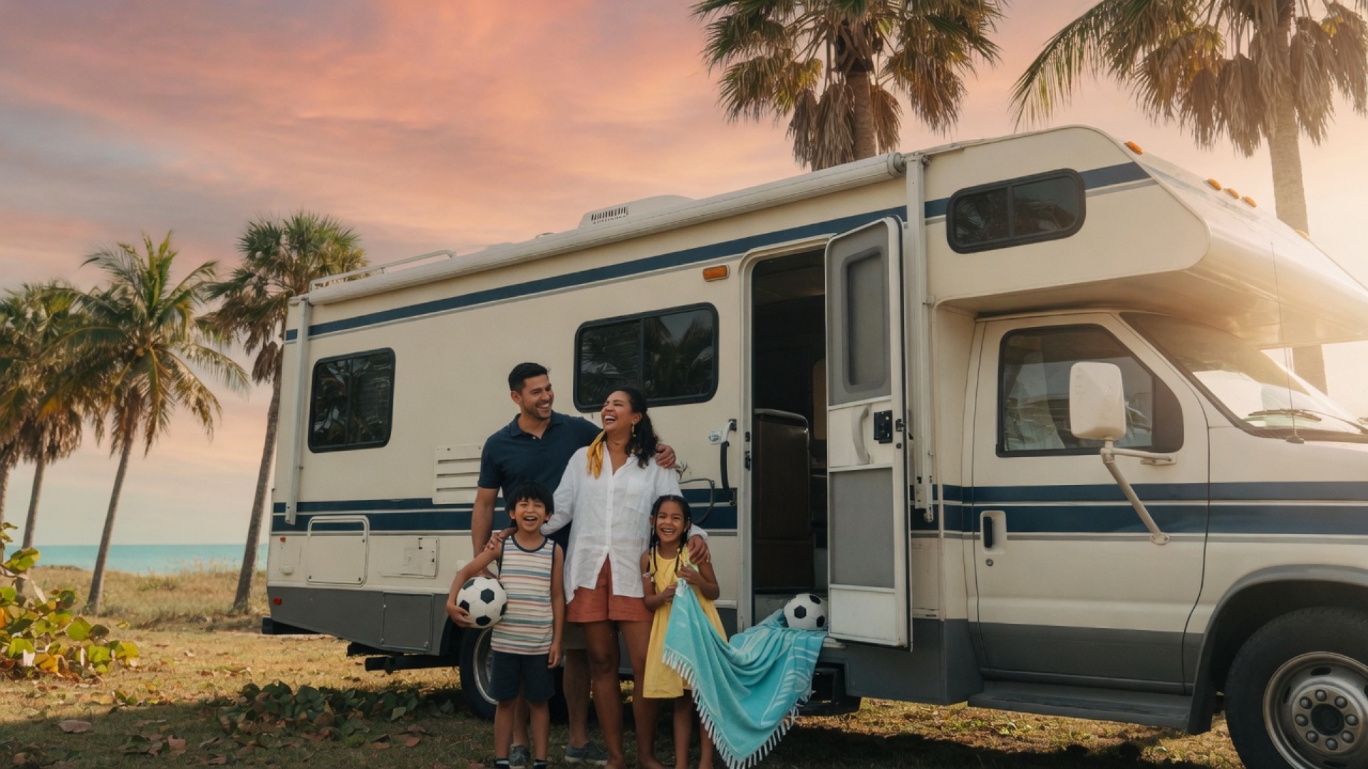 A South Florida family laughing beside their motorhome at sunset