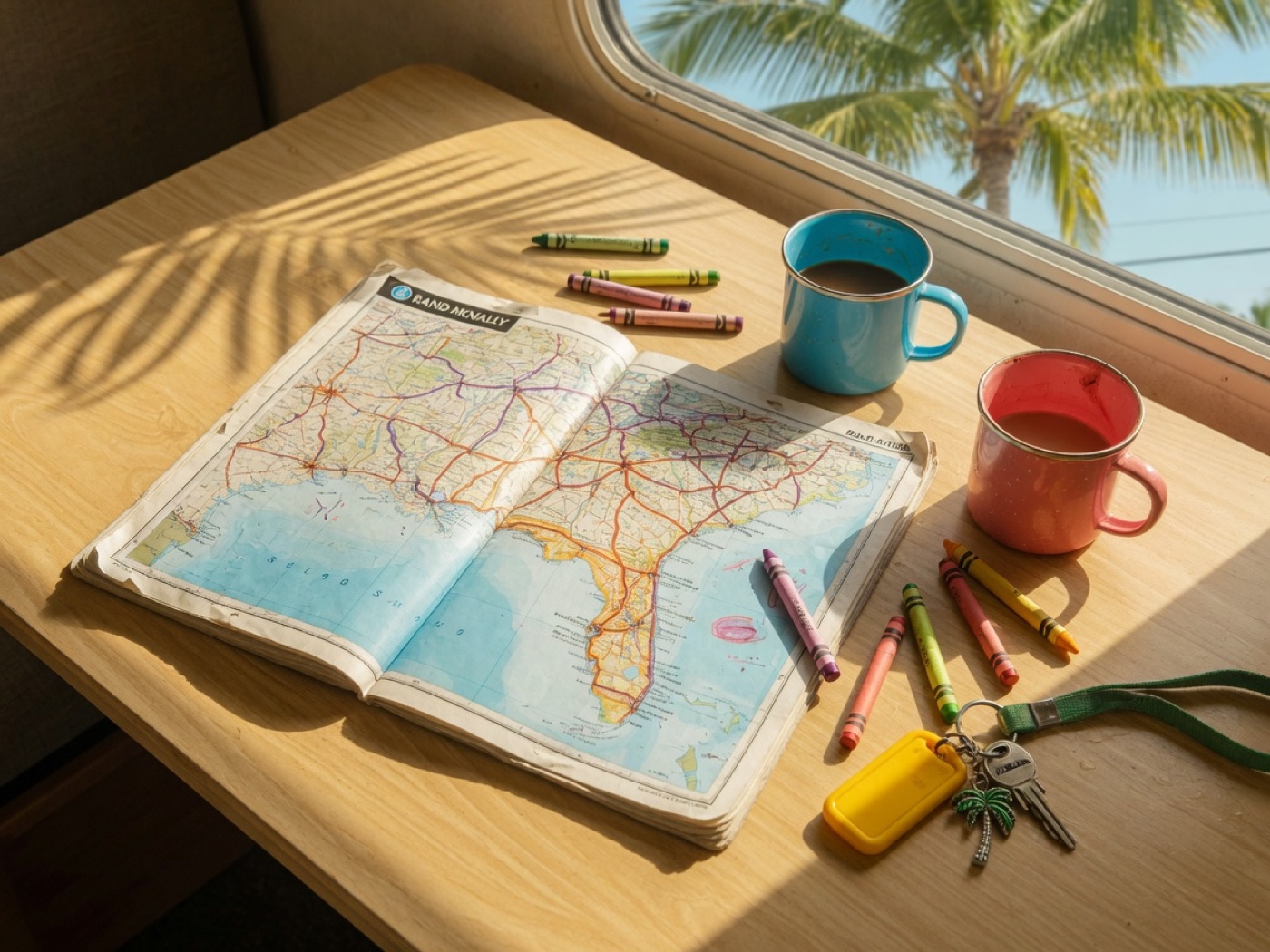 Road atlas, crayons, and coffee on an RV table with palms outside the window