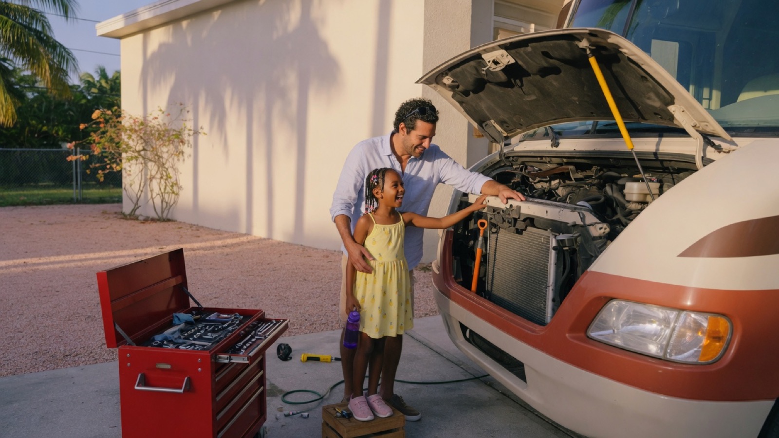 Dad and daughter looking into an RV engine bay on a sunny Florida morning