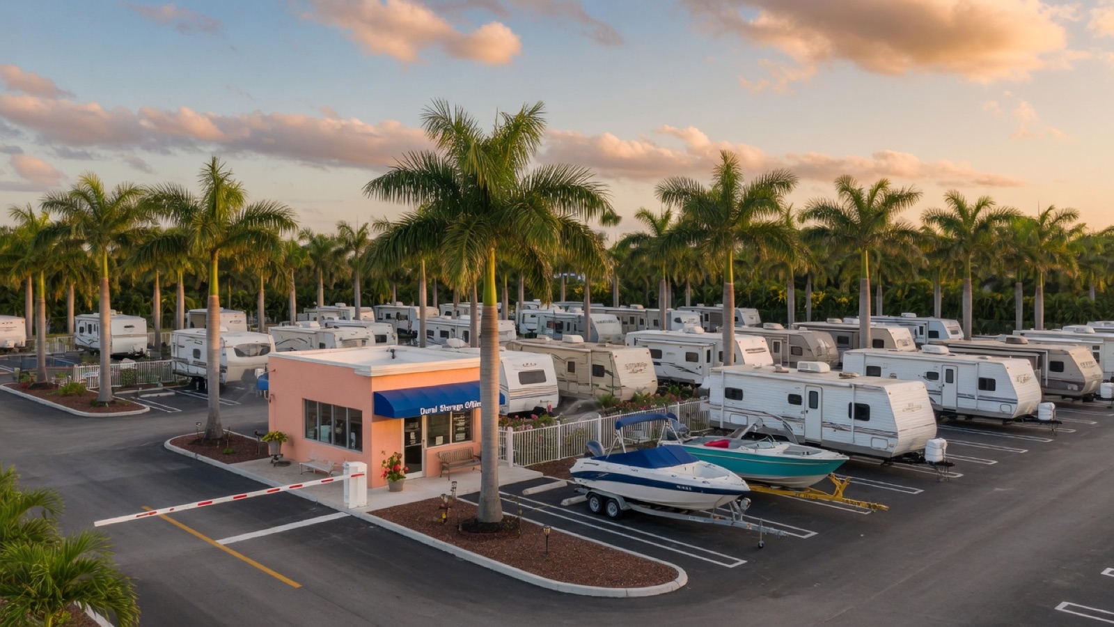 Sunny palm-lined RV and boat storage yard in Doral