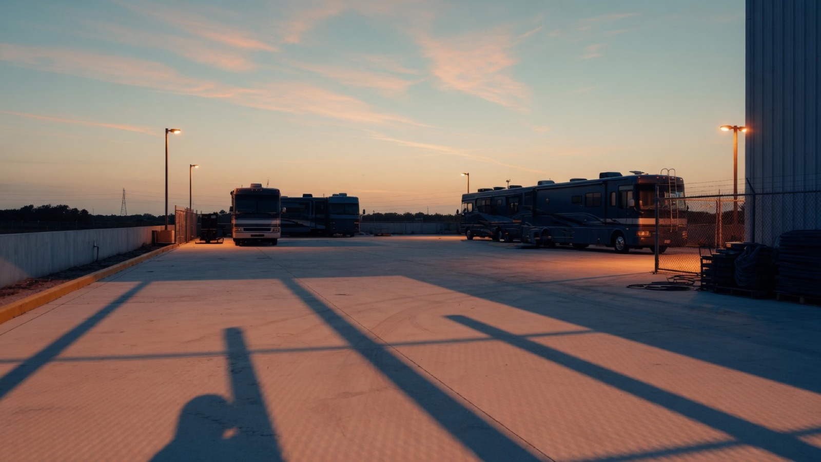 Motorhomes on a Doral lot at sunset